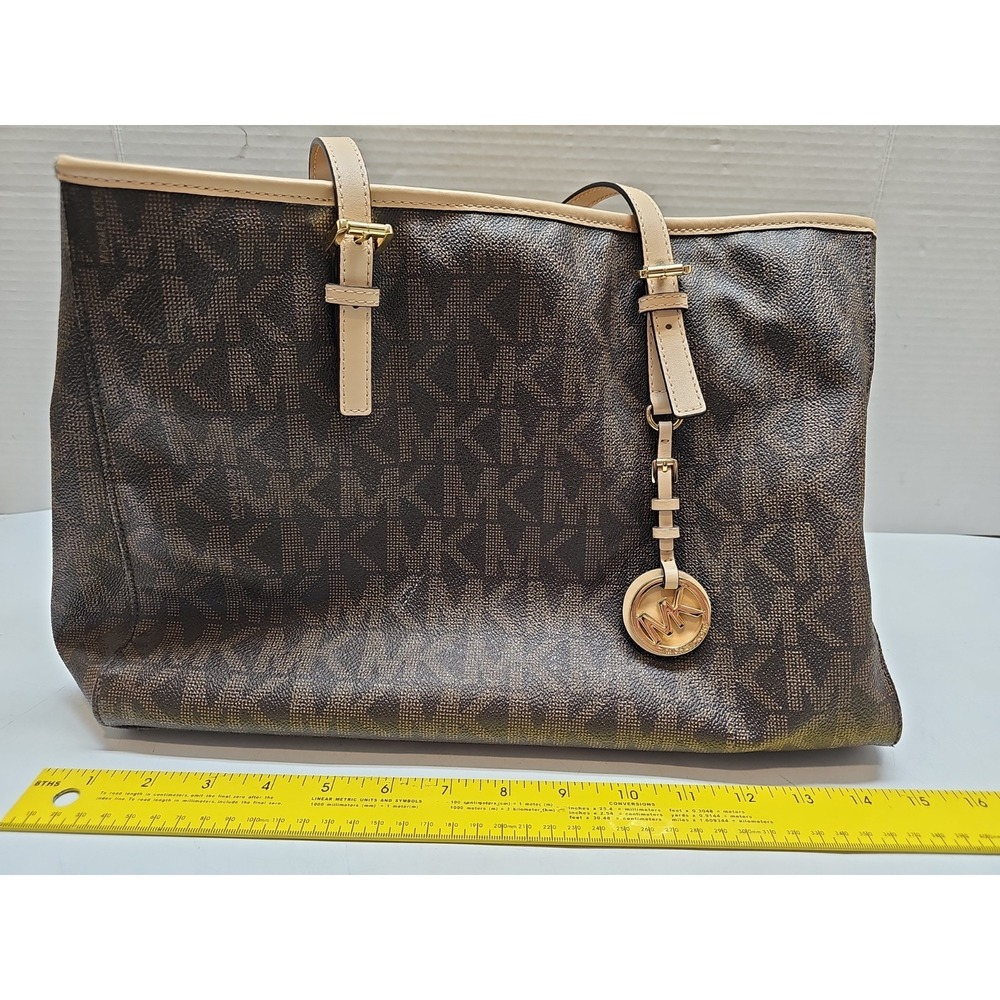 Michael Kors Logo Tote Bag Brown Beige Shoulder Strap Zip Closure Bag Charm
